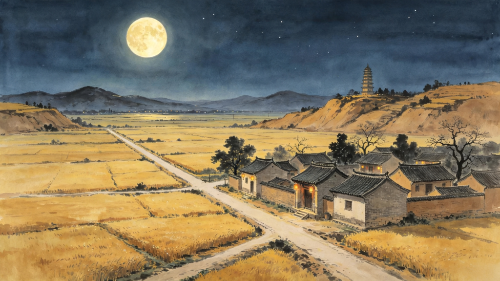 中秋夜田园风景插画绘画