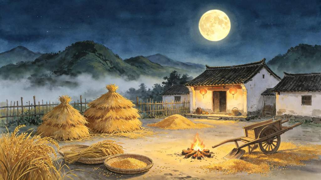 中秋夜秋季农家小院田园风景插画绘画