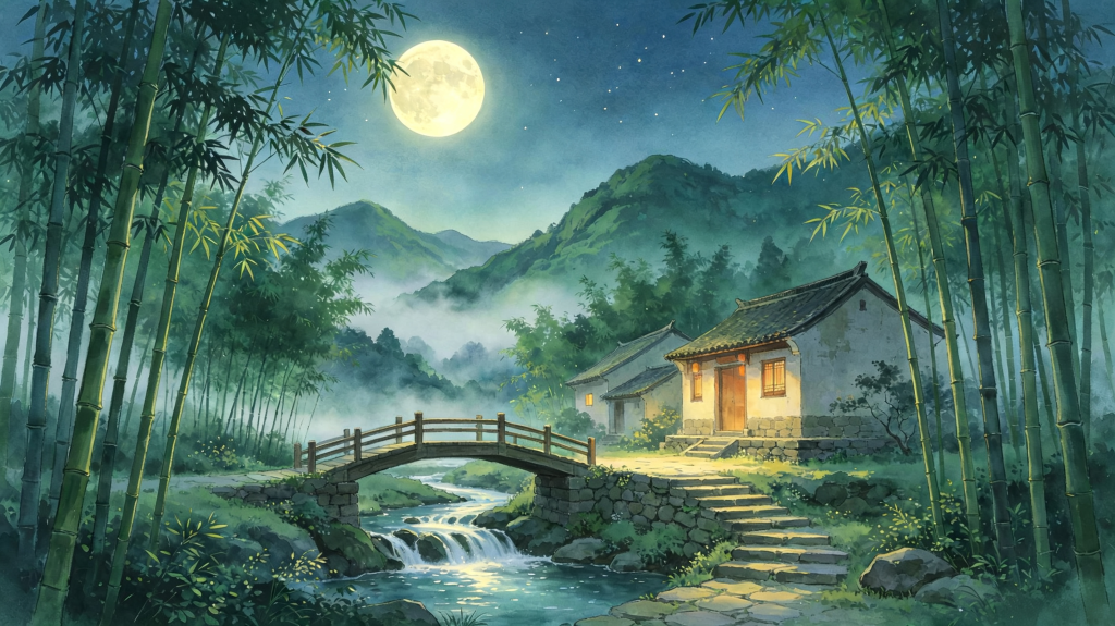 中秋夜田园风景插画绘画