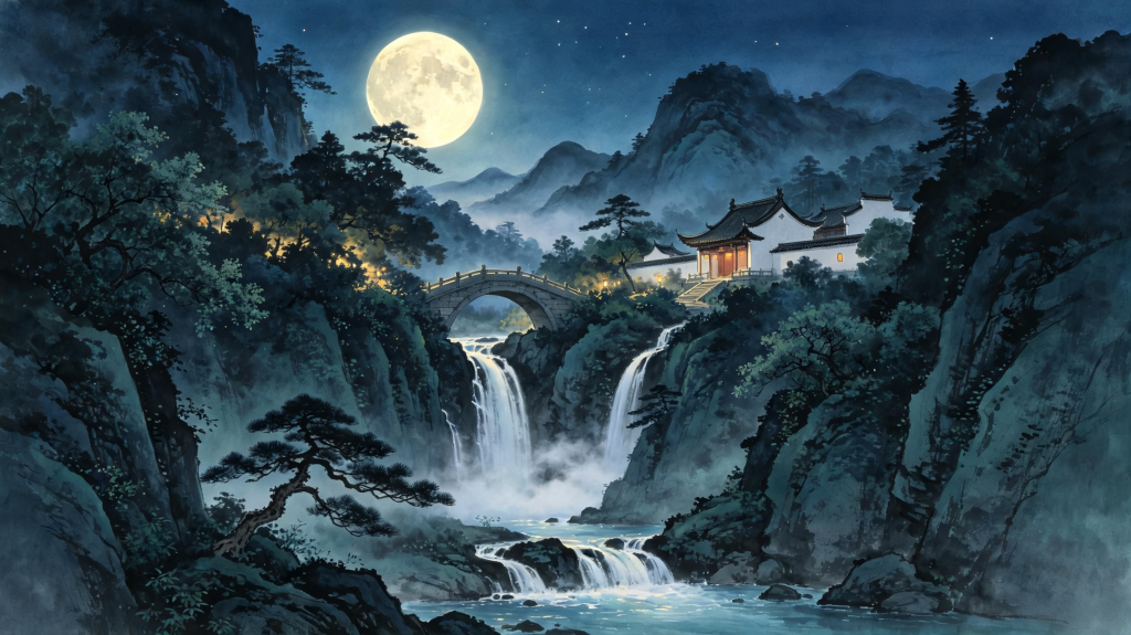 中秋夜山水风光插画绘画