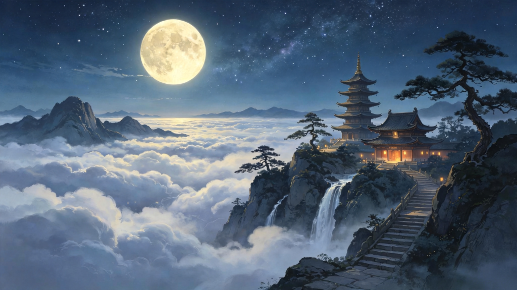 中秋节中秋夜云海赏月山水风光中国风插画