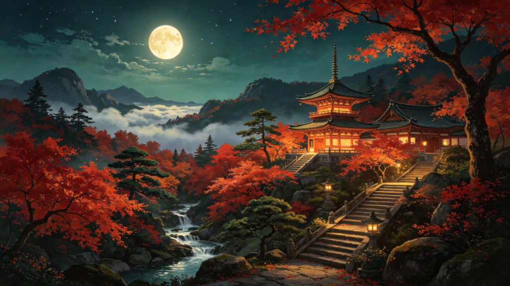 中秋节中秋夜云海赏月枫树林山水中国风插画