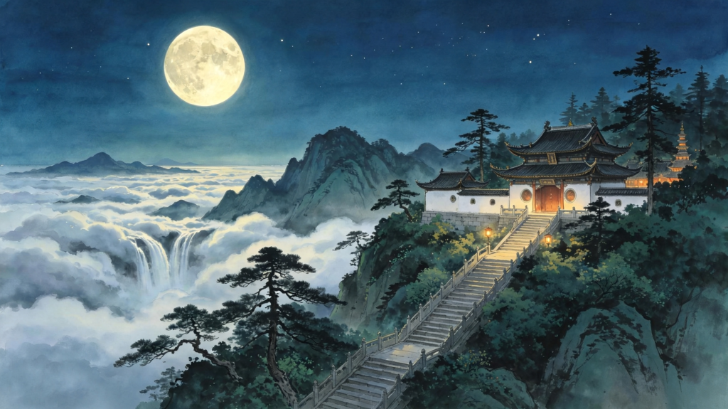 中秋节中秋夜云海赏月山水风光中国风插画