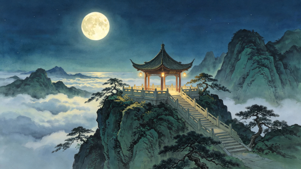 中秋节中秋夜登高望月山水亭台风光国风插画