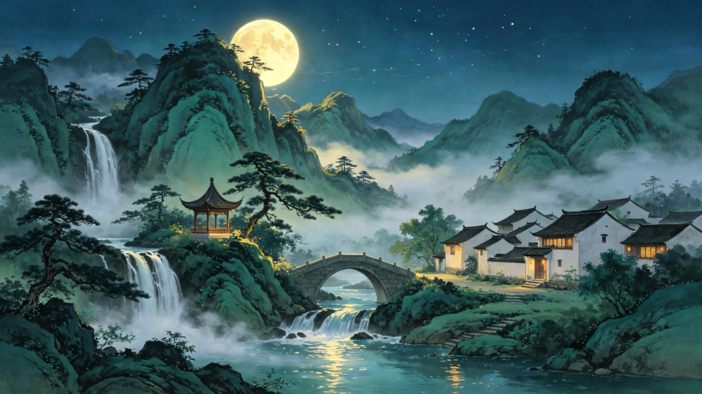 中秋节中秋夜登高望月山水亭台风光国风插画