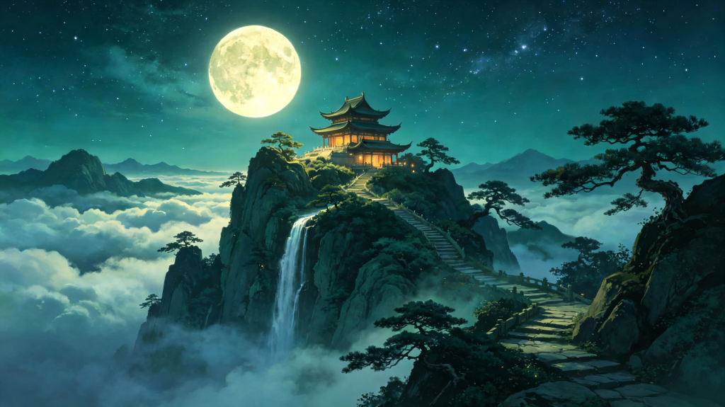 中秋节中秋夜登高望月山水亭台风光国风插画