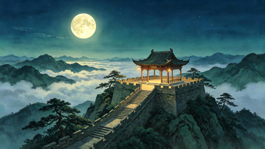 中秋节中秋夜登高望月山水亭台风光国风插画