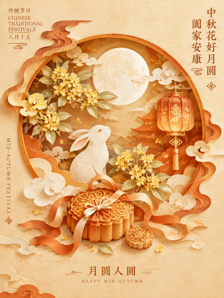 复古剪纸风中秋节海报