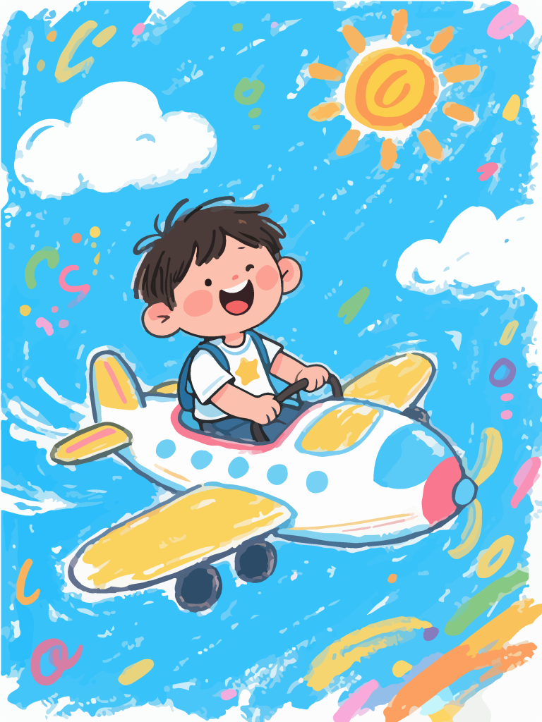 坐在飞机上的小孩童趣插画