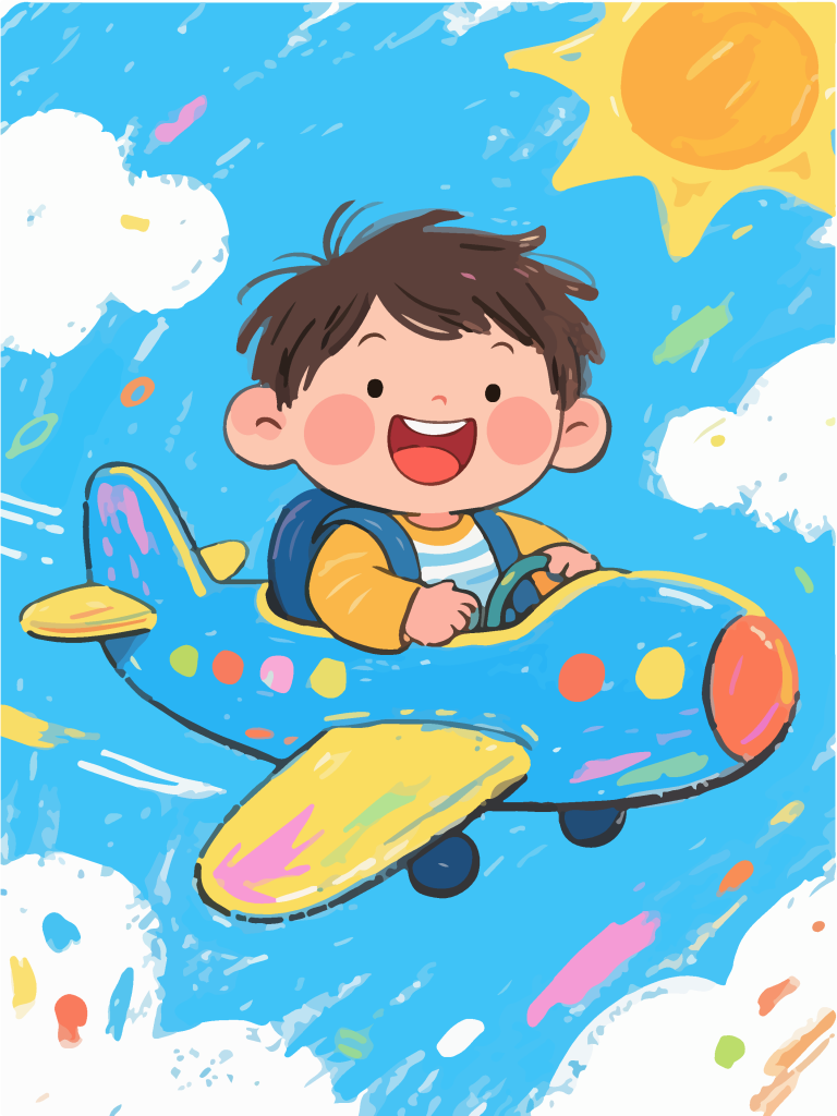 坐在飞机上的小孩童趣插画