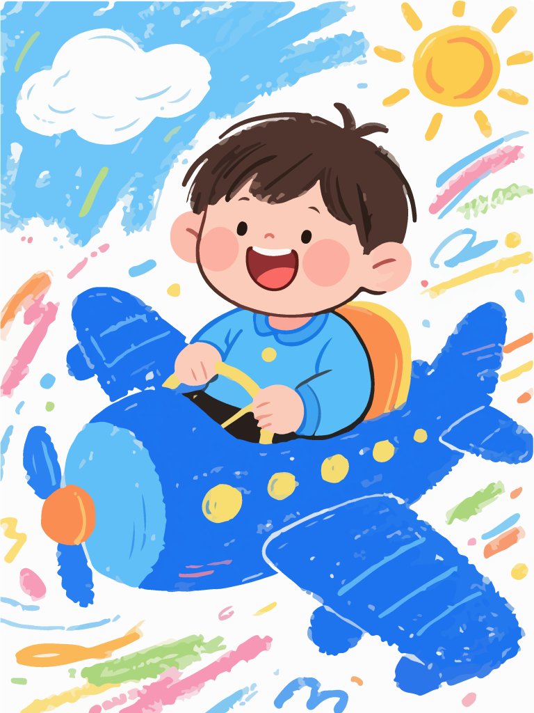 坐在飞机上的小孩童趣插画