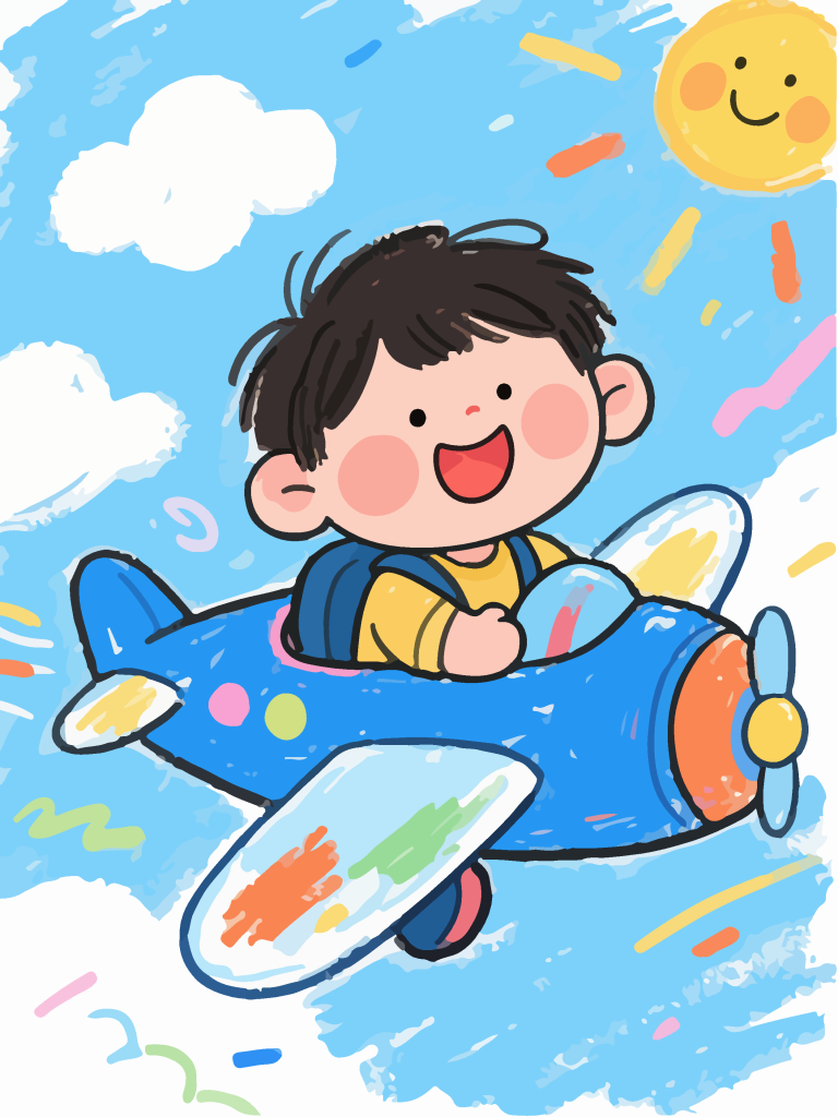 坐在飞机上的小孩童趣插画