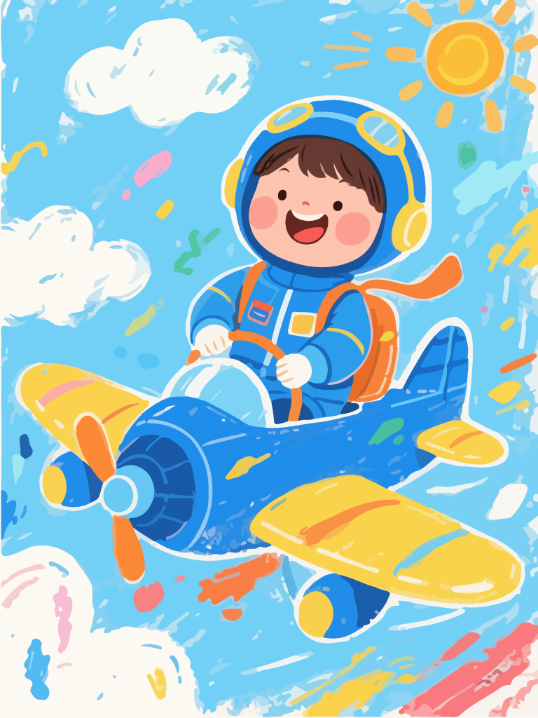坐在飞机上的小孩童趣插画