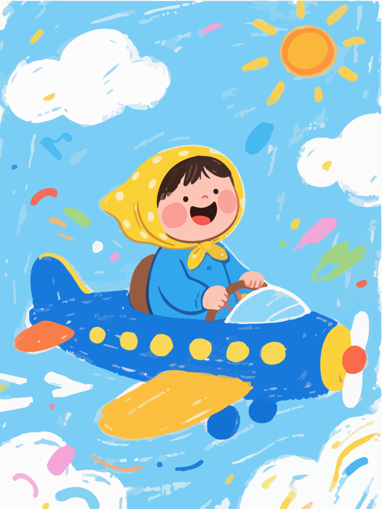 坐在飞机上的小孩童趣插画