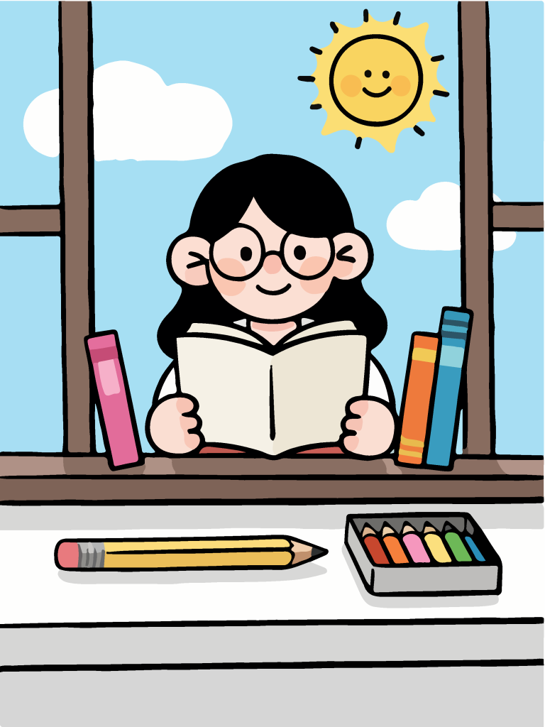 看书的小女孩卡通插画
