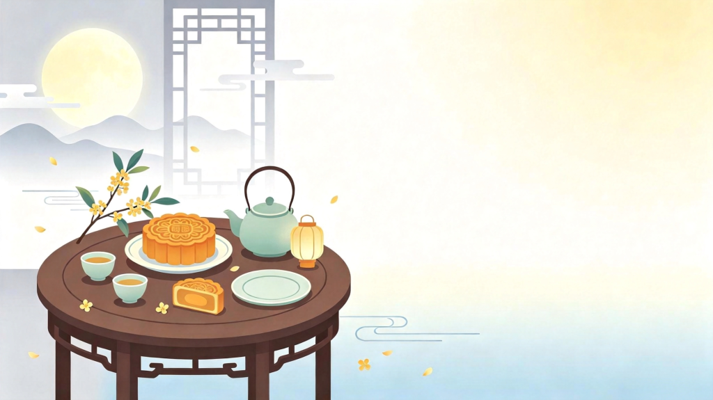 中秋月饼茶点扁平风插画背景
