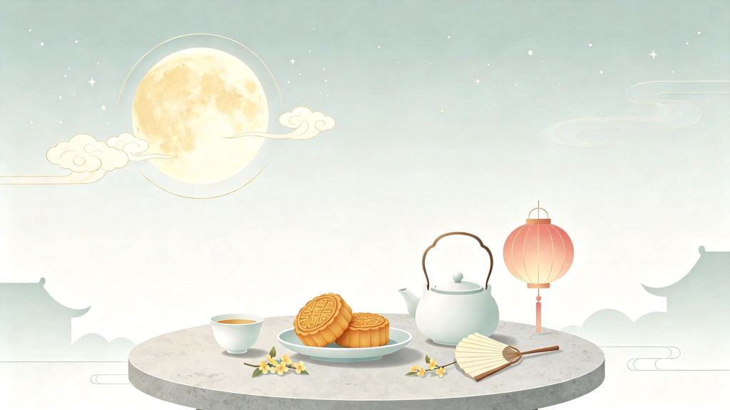 中秋月饼茶点扁平风插画背景