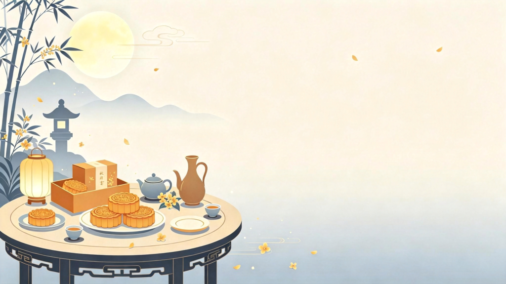 中秋月饼茶点扁平风插画背景
