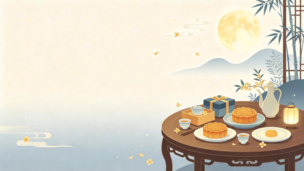 中秋月饼茶点扁平风插画背景