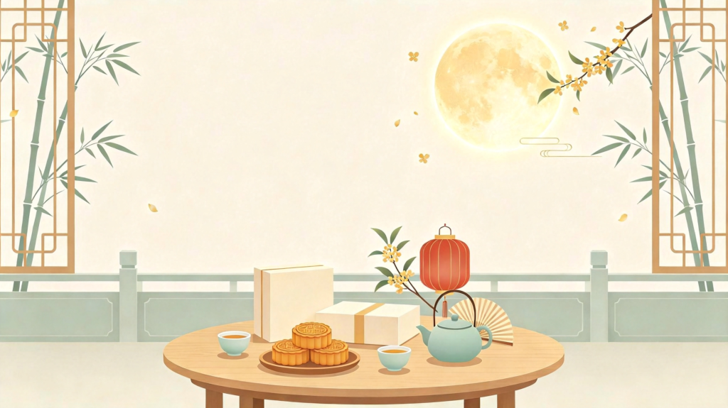 中秋月饼茶点扁平风插画背景
