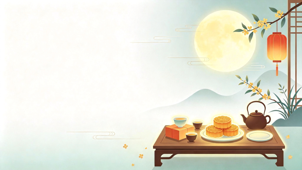 中秋月饼茶点扁平风插画背景