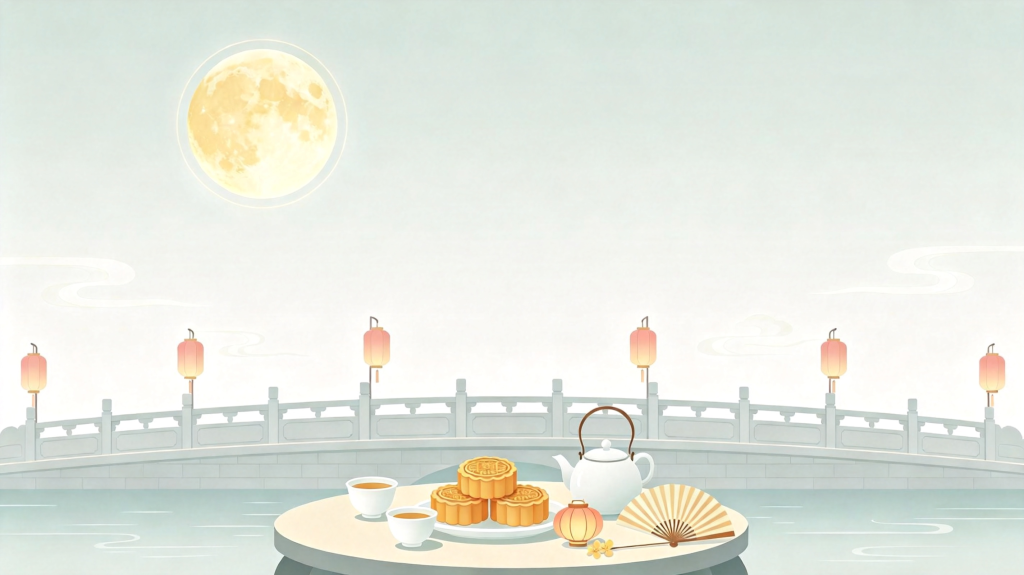 中秋月饼茶点扁平风插画背景