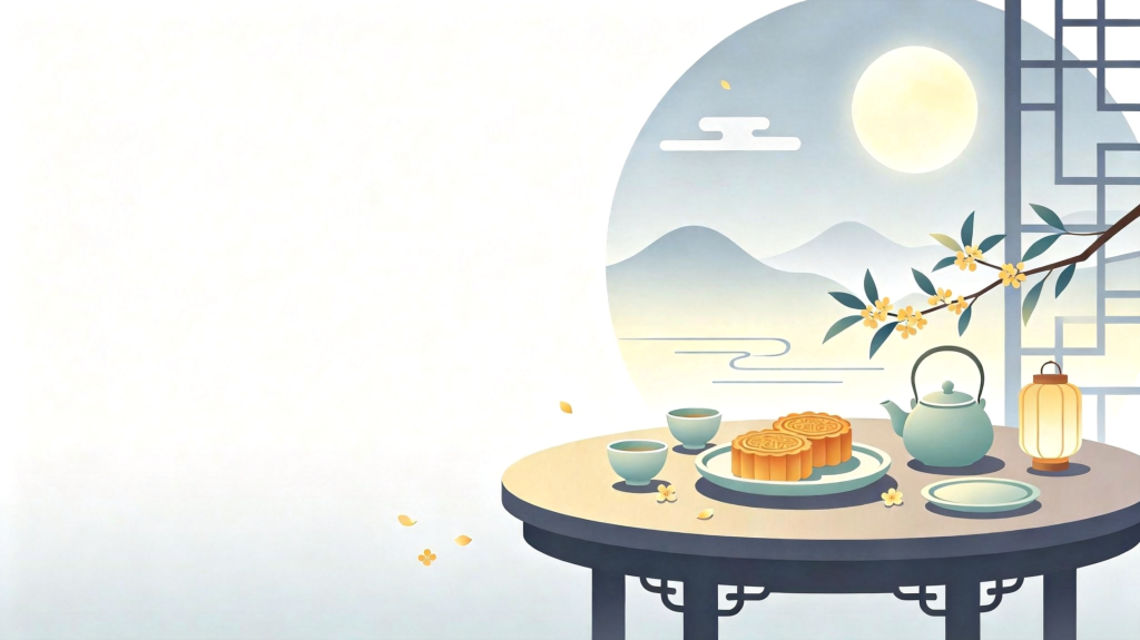 中秋月饼茶点扁平风插画背景