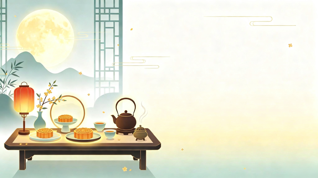 中秋月饼茶点扁平风插画背景