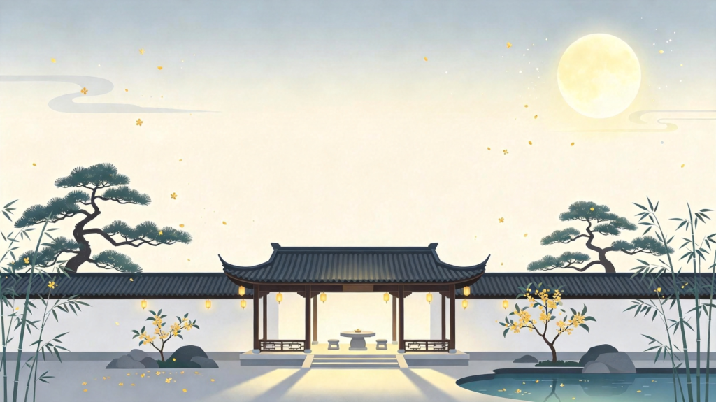 中秋中式园林扁平风插画背景