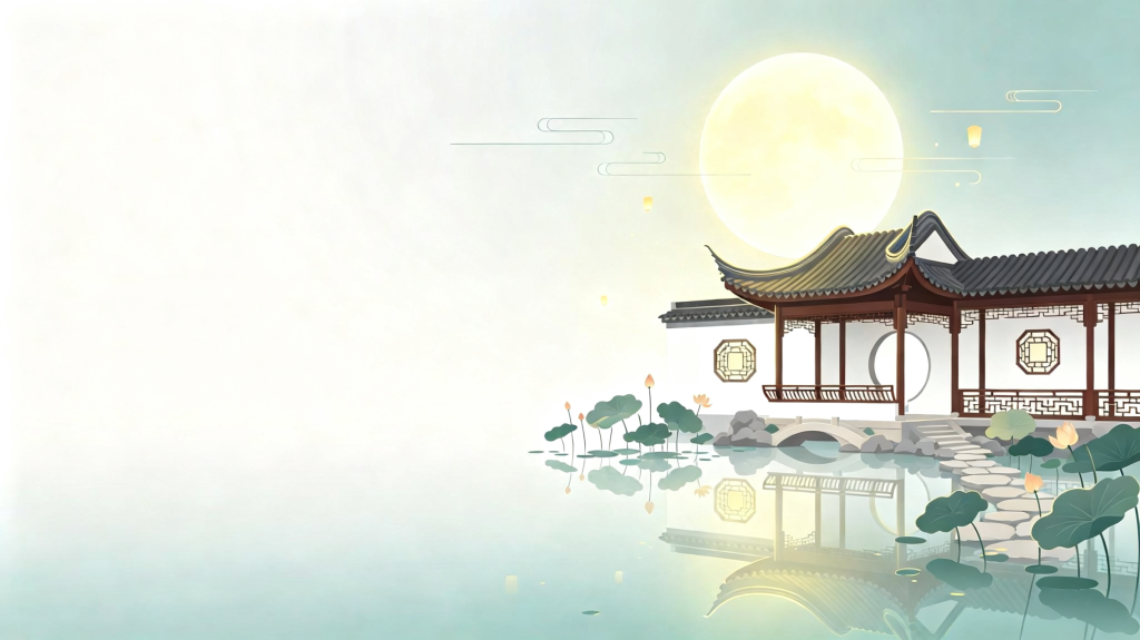 中秋江南水乡扁平风插画背景