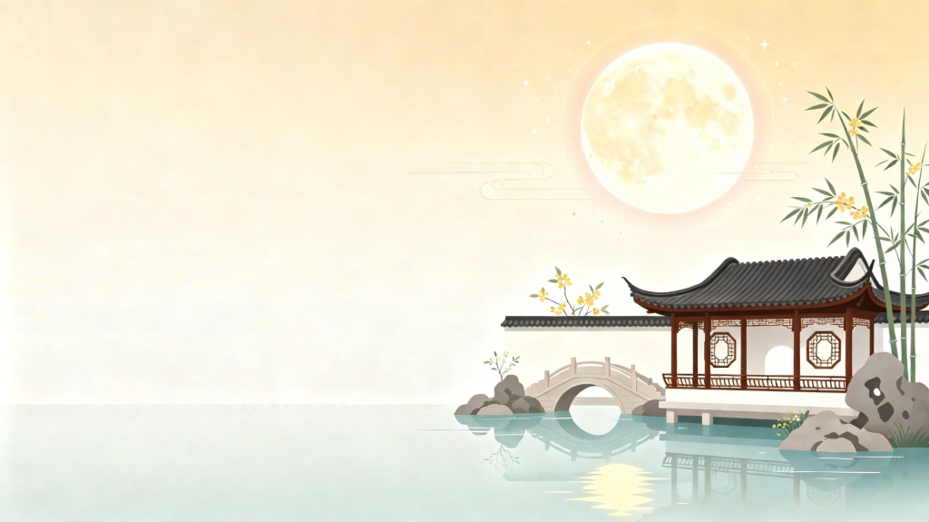 中秋江南水乡扁平风插画背景