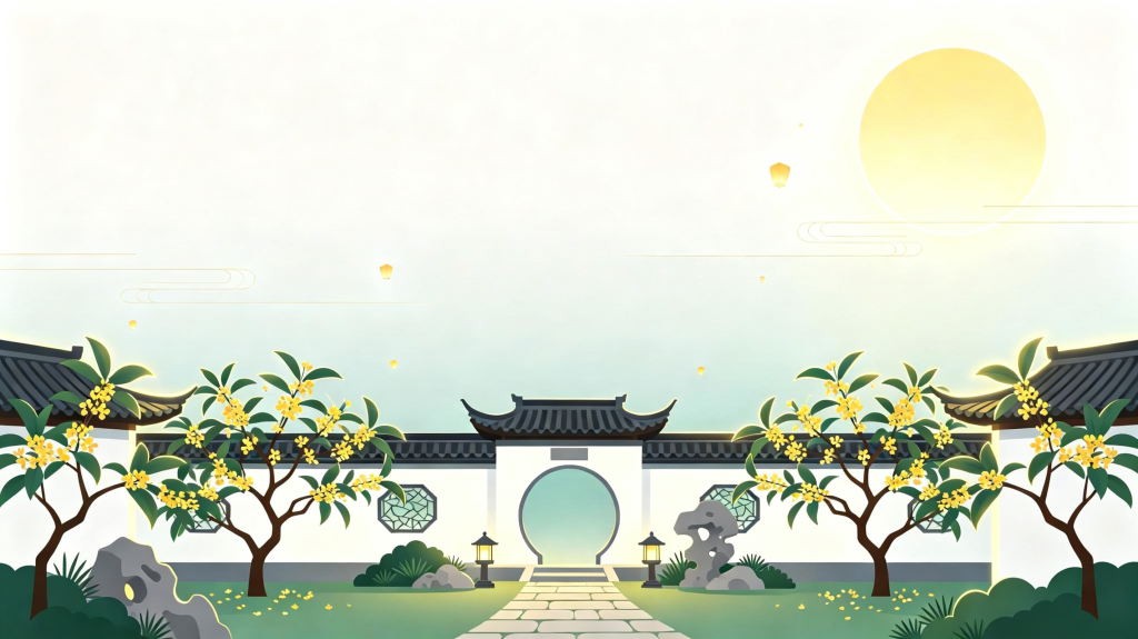 中秋江南水乡扁平风插画背景