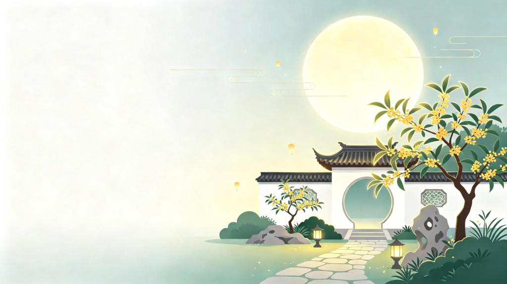 中秋江南水乡扁平风插画背景