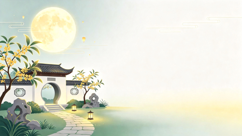 中秋江南水乡扁平风插画背景