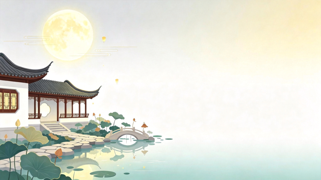 中秋中式庭院扁平风插画背景