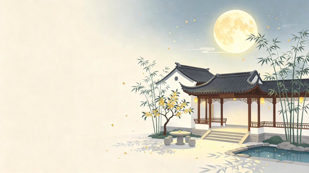 中秋中式庭院扁平风插画背景