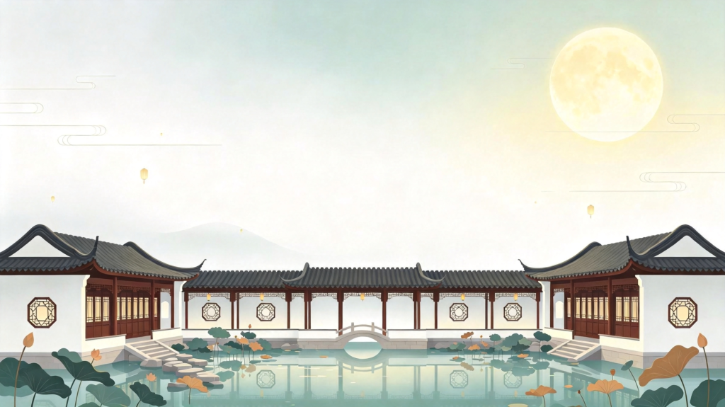中秋中式庭院扁平风插画背景