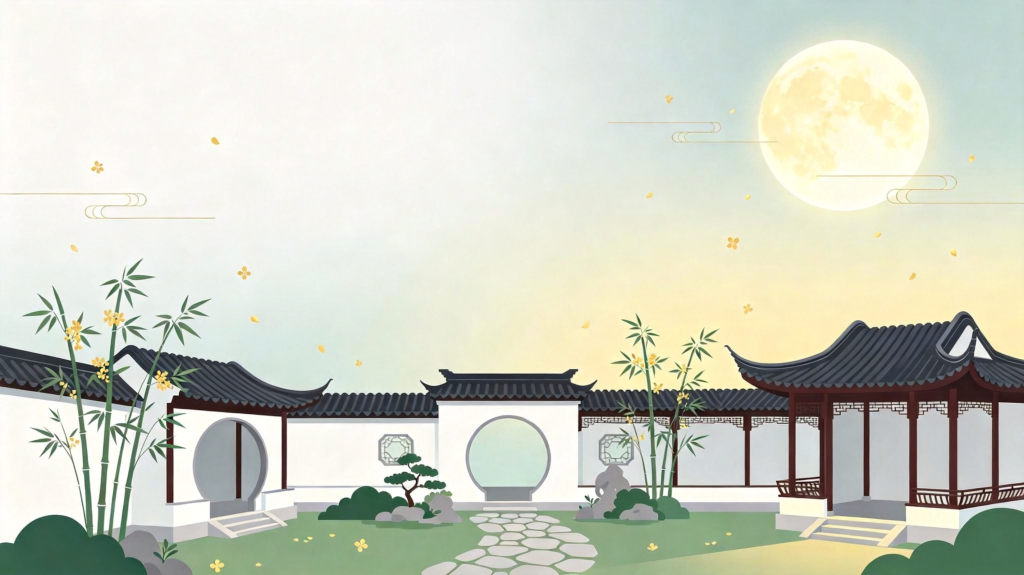 中秋中式庭院扁平风插画背景