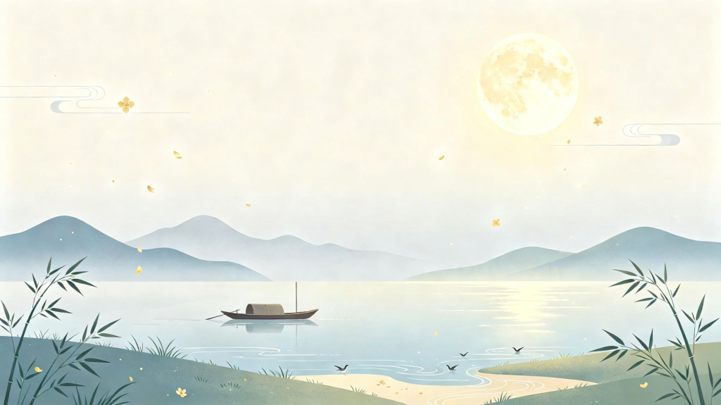 中秋节中秋中国风山水渔舟插画背景