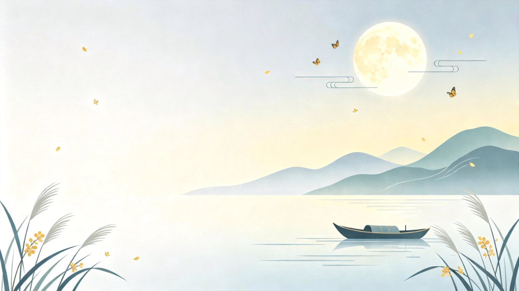 中秋节中秋中国风山水渔舟插画背景