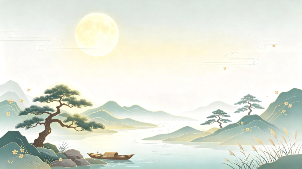 中秋节中秋中国风山水渔舟插画背景