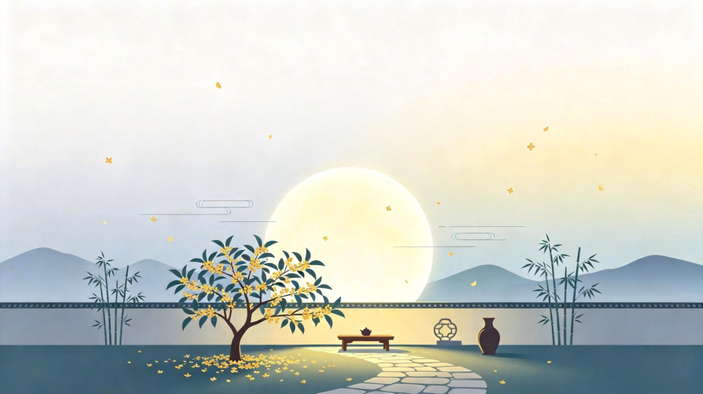 中秋中式庭院扁平风插画背景