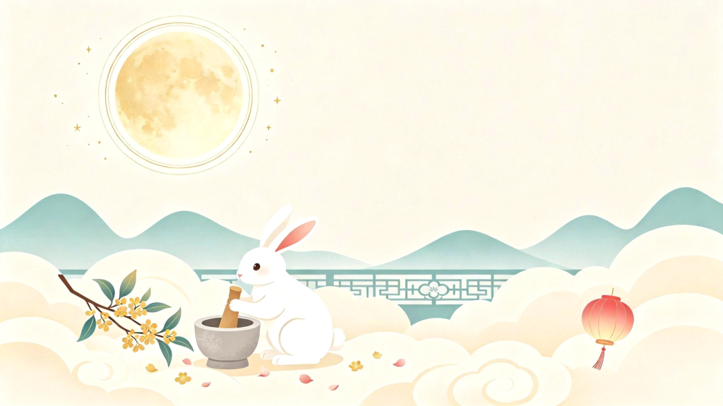中秋玉兔圆月扁平风插画背景