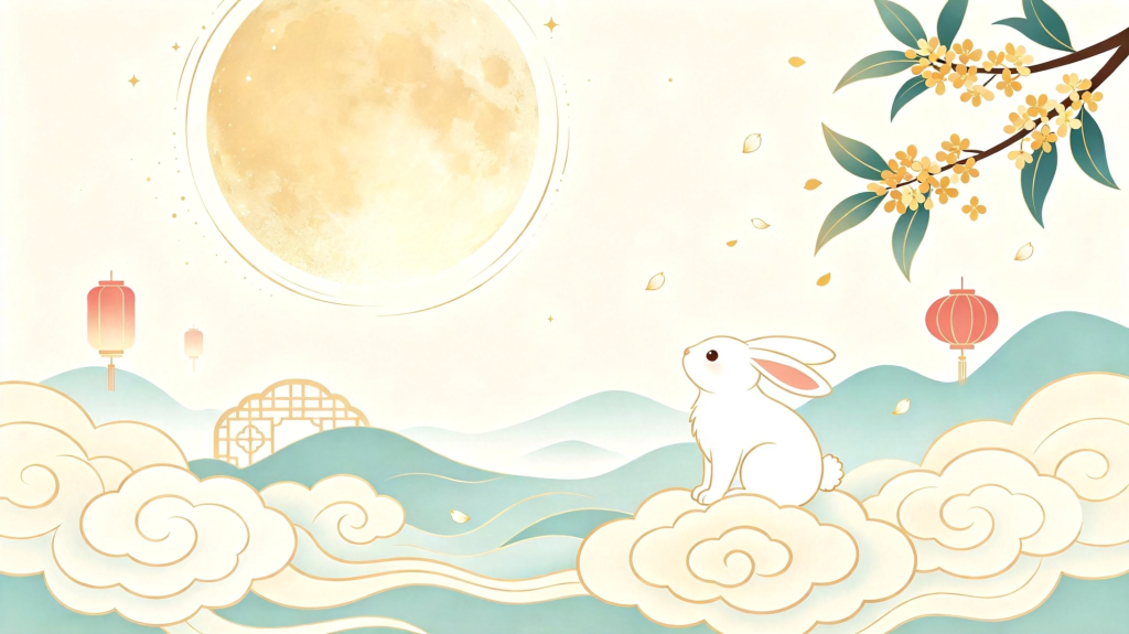 中秋玉兔圆月扁平风插画背景