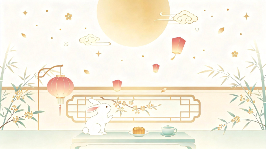 中秋玉兔浅色扁平风插画背景