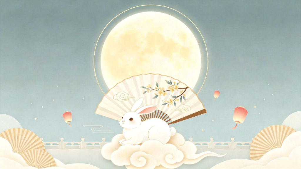 中秋玉兔浅色扁平风插画背景