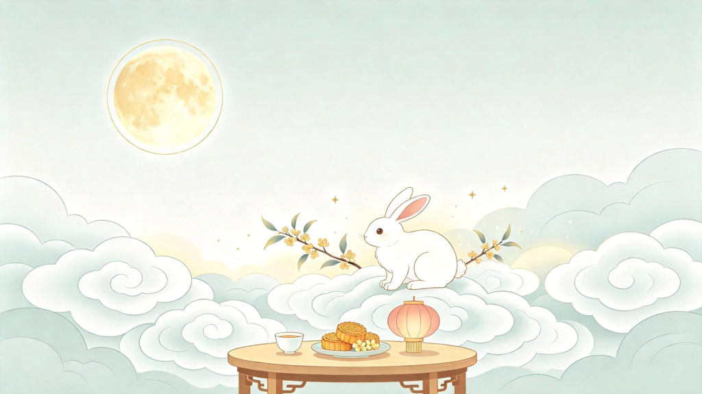 中秋玉兔浅色扁平风插画背景