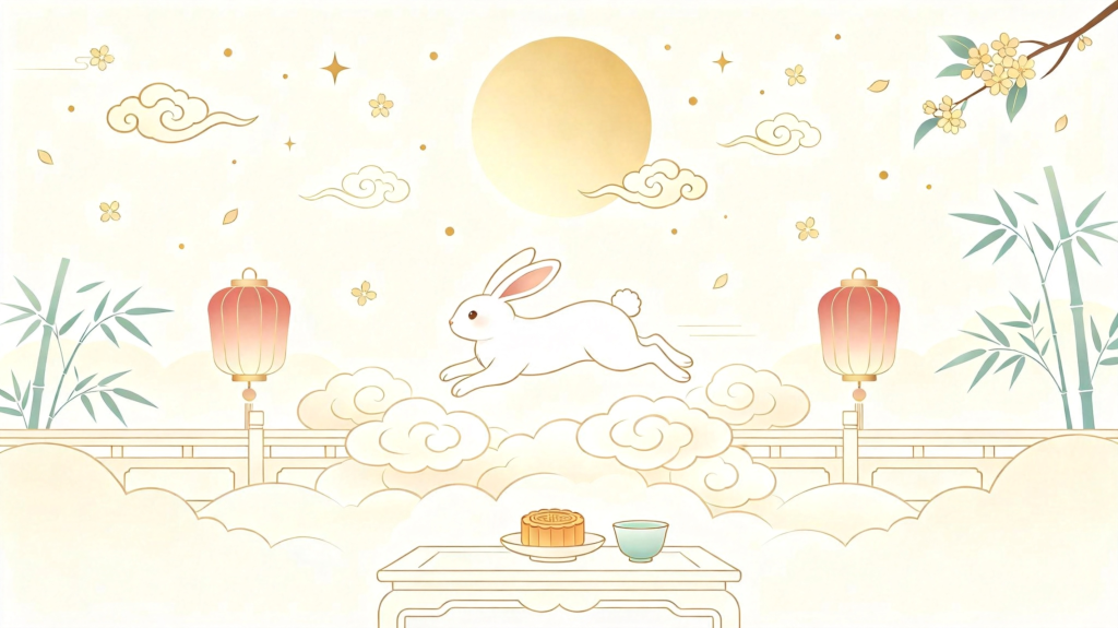 中秋玉兔浅色扁平风插画背景