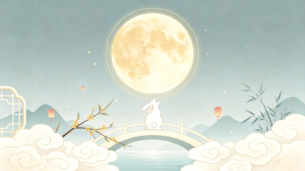 中秋玉兔浅色扁平风插画背景