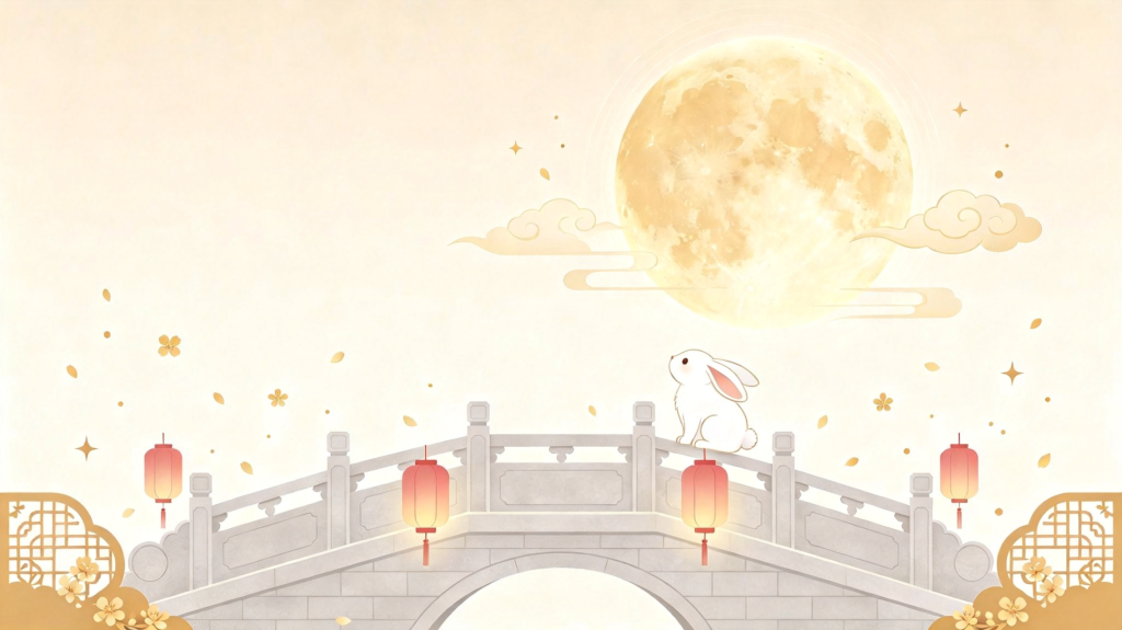 中秋玉兔浅色扁平风插画背景
